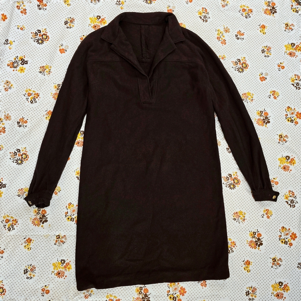 1960s Vintage Dress 60s Mini Shift Size M/L Medium Large Brown Long Sleeves Mod